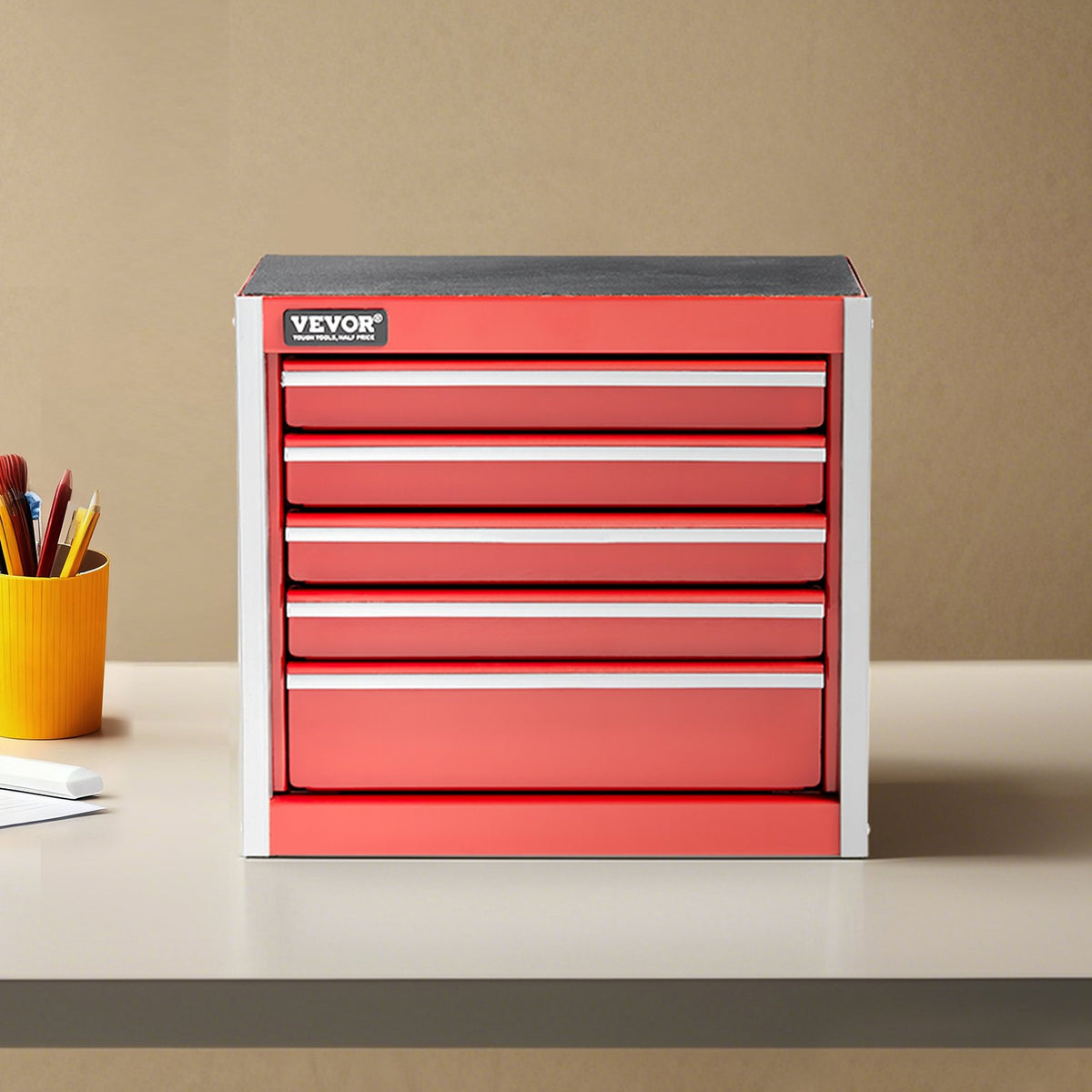 VEVOR Metal Tool Box, 8.6-inch, Portable Metal Tool Box with 5 Drawers, Small Tool Chest with EVA Liners and PP Feet Pads, Heavy-Duty Steel With Ball Bearing Opening and Powder Coated Finish, Red - CTSBXSGJX86IY6PZFV0 - view 9