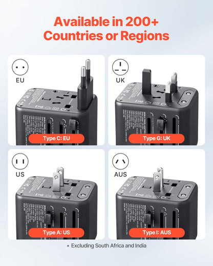 VEVOR Universal Travel Adapter, 5-in-1, International European Power Adapter with 2 USB-C, 2 USB-A Ports, 1 AC Outlet, 4 Different Plugs, Worldwide Plug Adaptor Wall Charger, for Europe UK EU AUS USA - CTSPQDTBGS1JD6XS5001V1 - view 3
