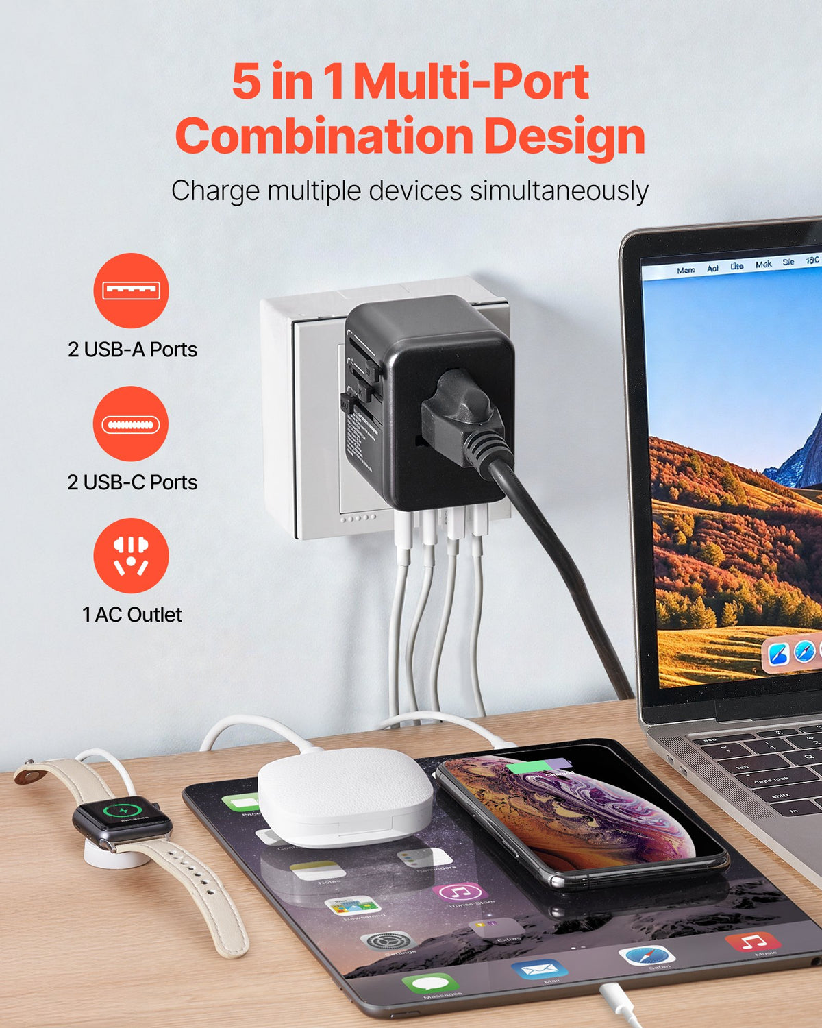 VEVOR Universal Travel Adapter, 5-in-1, International European Power Adapter with 2 USB-C, 2 USB-A Ports, 1 AC Outlet, 4 Different Plugs, Worldwide Plug Adaptor Wall Charger, for Europe UK EU AUS USA - CTSPQDTBGS1JD6XS5001V1 - view 4