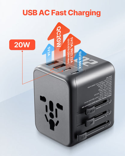 VEVOR Universal Travel Adapter, 5-in-1, International European Power Adapter with 2 USB-C, 2 USB-A Ports, 1 AC Outlet, 4 Different Plugs, Worldwide Plug Adaptor Wall Charger, for Europe UK EU AUS USA - CTSPQDTBGS1JD6XS5001V1 - view 5