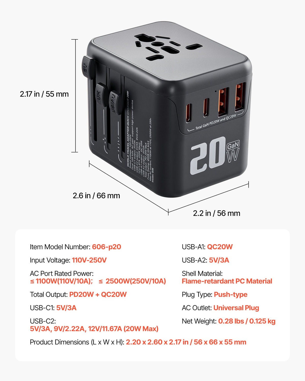 VEVOR Universal Travel Adapter, 5-in-1, International European Power Adapter with 2 USB-C, 2 USB-A Ports, 1 AC Outlet, 4 Different Plugs, Worldwide Plug Adaptor Wall Charger, for Europe UK EU AUS USA - CTSPQDTBGS1JD6XS5001V1 - view 8