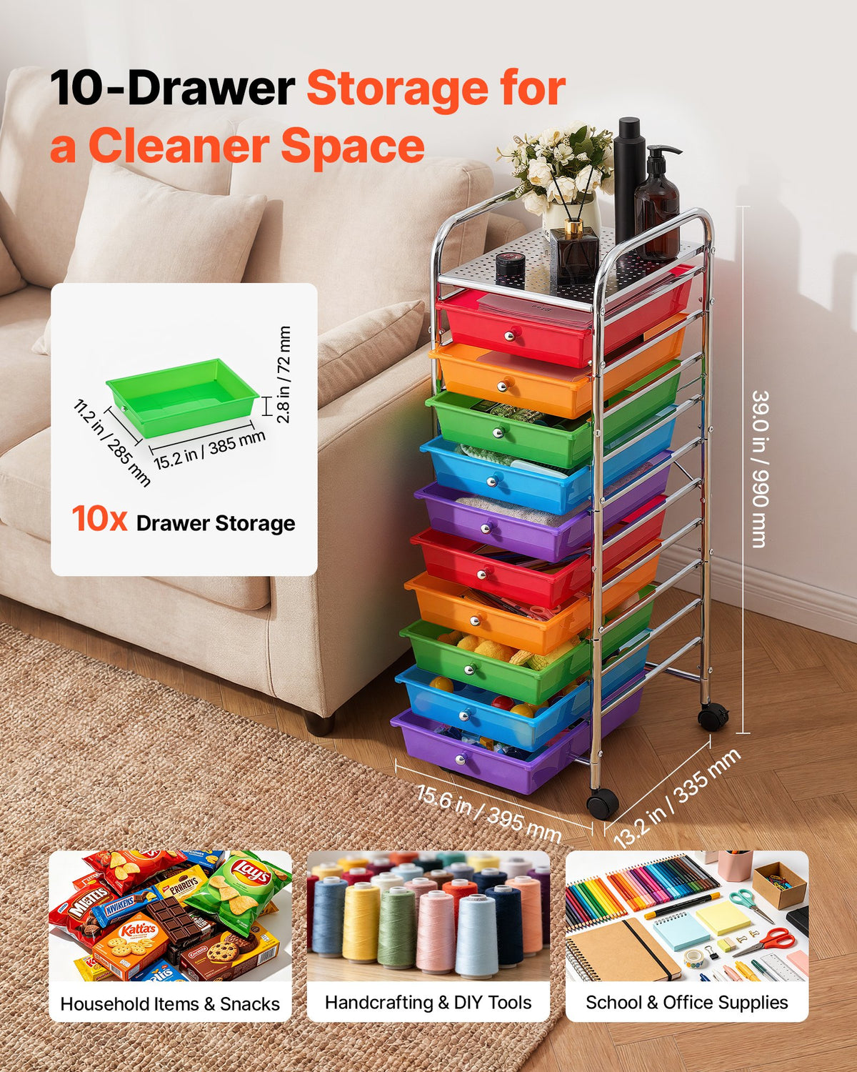 VEVOR Rolling Cart with Drawers, 10 Drawer Storage Organizer, Mobile Utility Cart with Steel Frame, Universal Casters & 2 Brakes, Great for Office, Classroom, Craft Tools, Garage, Studio, Rainbow - CTTCDPDPBXG1TORG1001V0 - view 3
