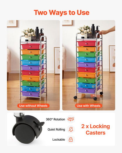 VEVOR Rolling Cart with Drawers, 10 Drawer Storage Organizer, Mobile Utility Cart with Steel Frame, Universal Casters & 2 Brakes, Great for Office, Classroom, Craft Tools, Garage, Studio, Rainbow - CTTCDPDPBXG1TORG1001V0 - view 4
