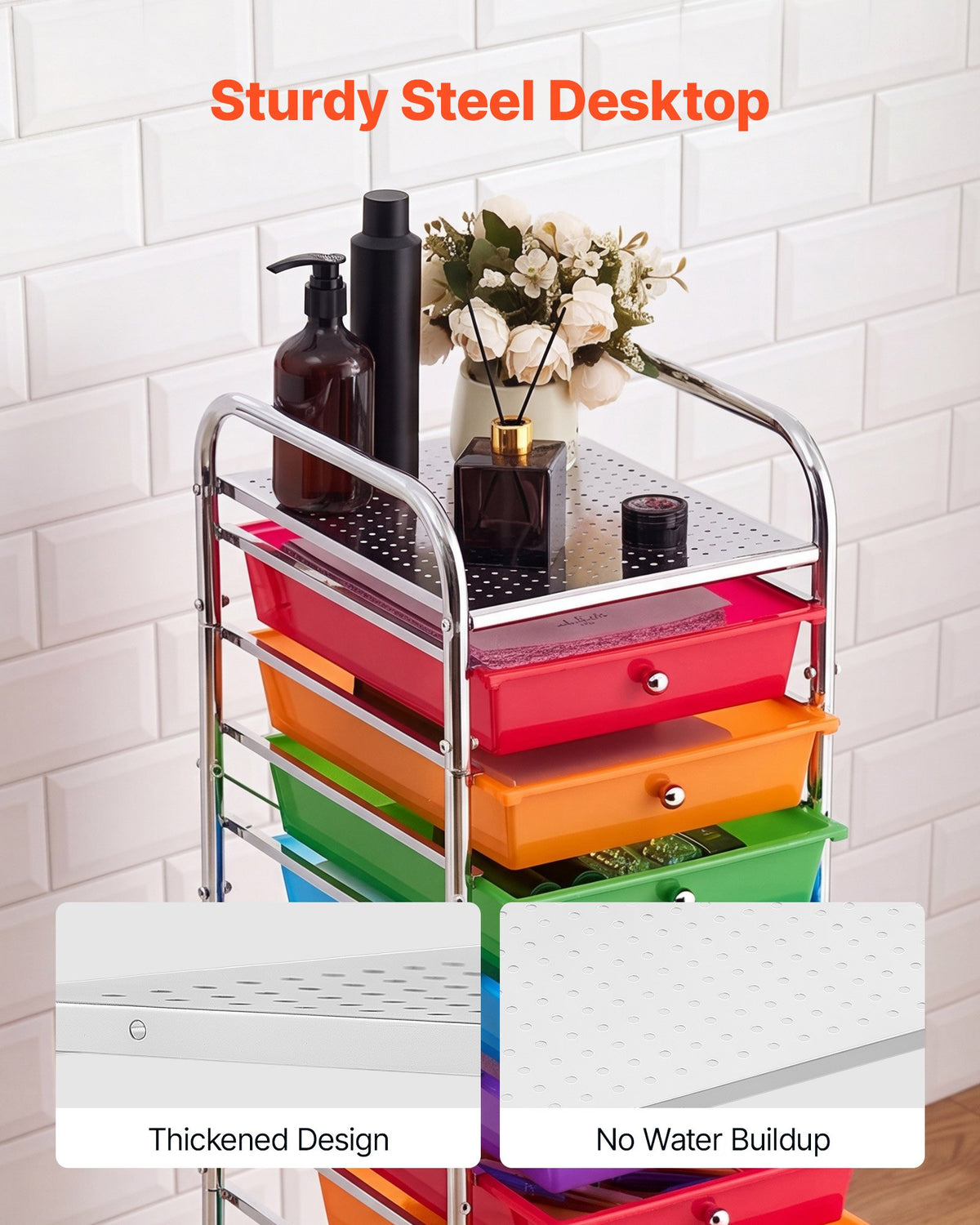 VEVOR Rolling Cart with Drawers, 10 Drawer Storage Organizer, Mobile Utility Cart with Steel Frame, Universal Casters & 2 Brakes, Great for Office, Classroom, Craft Tools, Garage, Studio, Rainbow - CTTCDPDPBXG1TORG1001V0 - view 5