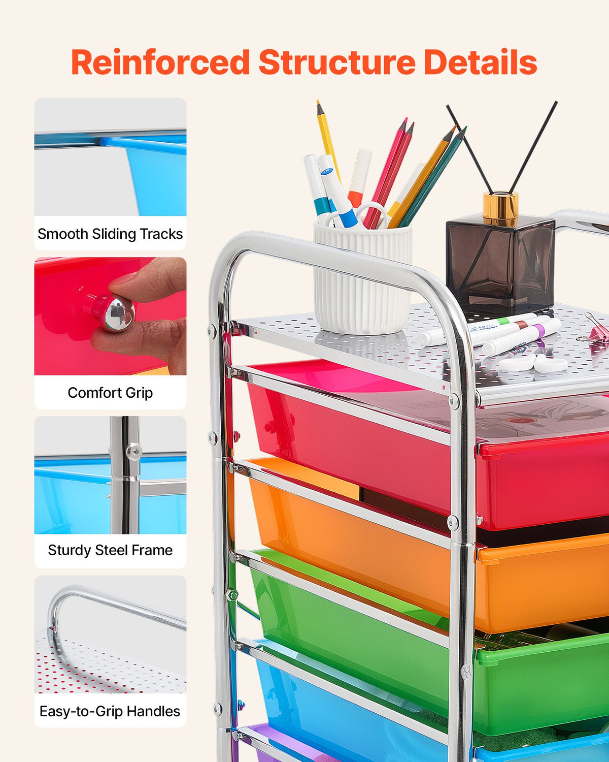 VEVOR Rolling Cart with Drawers, 10 Drawer Storage Organizer, Mobile Utility Cart with Steel Frame, Universal Casters & 2 Brakes, Great for Office, Classroom, Craft Tools, Garage, Studio, Rainbow - CTTCDPDPBXG1TORG1001V0 - view 6