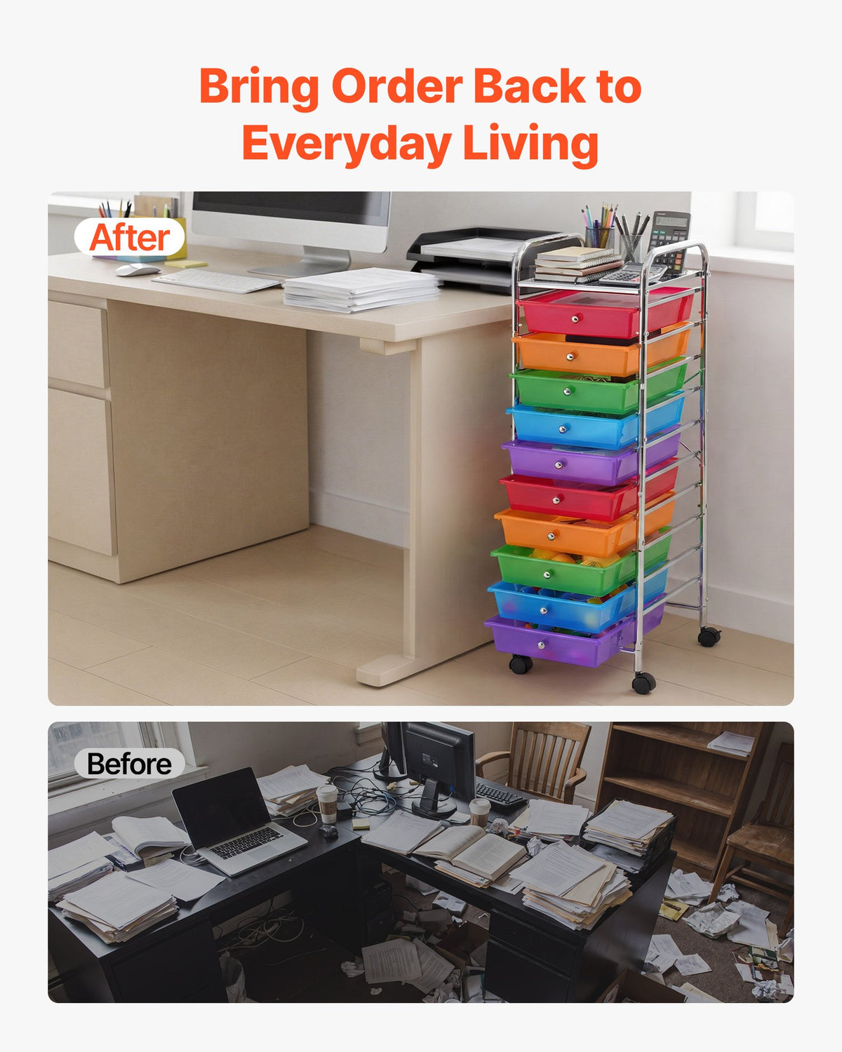 VEVOR Rolling Cart with Drawers, 10 Drawer Storage Organizer, Mobile Utility Cart with Steel Frame, Universal Casters & 2 Brakes, Great for Office, Classroom, Craft Tools, Garage, Studio, Rainbow - CTTCDPDPBXG1TORG1001V0 - view 7