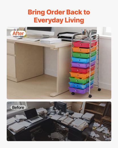 VEVOR Rolling Cart with Drawers, 10 Drawer Storage Organizer, Mobile Utility Cart with Steel Frame, Universal Casters & 2 Brakes, Great for Office, Classroom, Craft Tools, Garage, Studio, Rainbow - CTTCDPDPBXG1TORG1001V0 - view 7