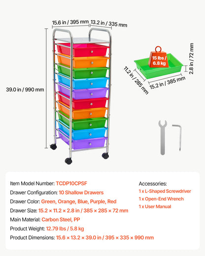 VEVOR Rolling Cart with Drawers, 10 Drawer Storage Organizer, Mobile Utility Cart with Steel Frame, Universal Casters & 2 Brakes, Great for Office, Classroom, Craft Tools, Garage, Studio, Rainbow - CTTCDPDPBXG1TORG1001V0 - view 8