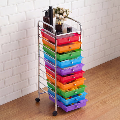 VEVOR Rolling Cart with Drawers, 10 Drawer Storage Organizer, Mobile Utility Cart with Steel Frame, Universal Casters & 2 Brakes, Great for Office, Classroom, Craft Tools, Garage, Studio, Rainbow - CTTCDPDPBXG1TORG1001V0 - view 9
