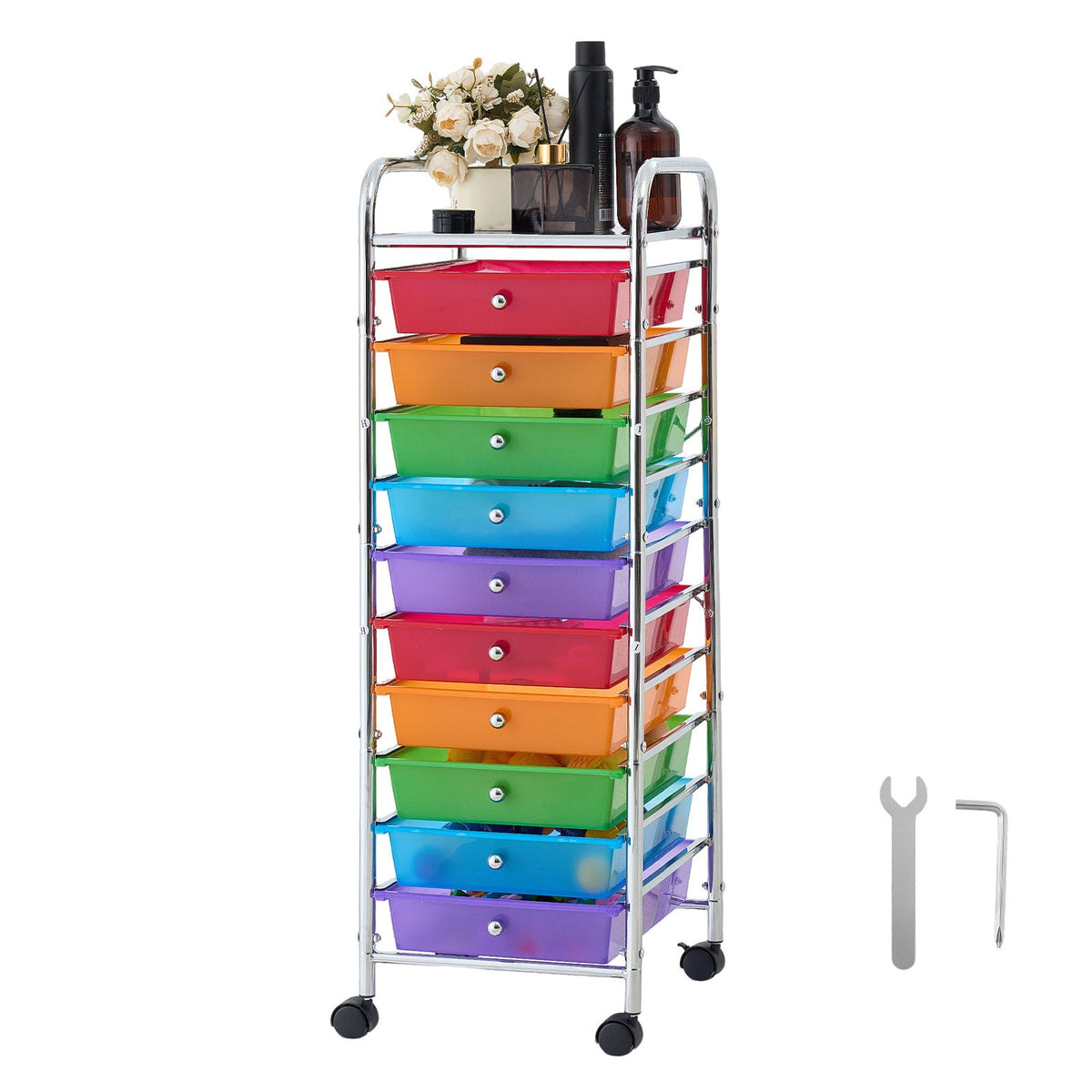 VEVOR Rolling Cart with Drawers, 10 Drawer Storage Organizer, Mobile Utility Cart with Steel Frame, Universal Casters & 2 Brakes, Great for Office, Classroom, Craft Tools, Garage, Studio, Rainbow - CTTCDPDPBXG1TORG1001V0 - view 10