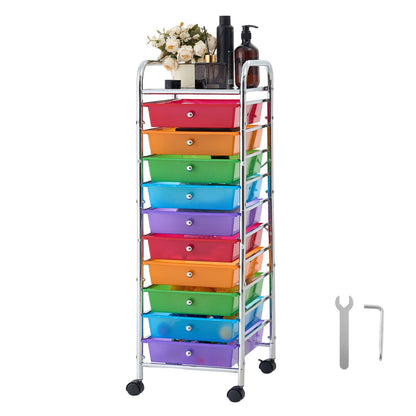 VEVOR Rolling Cart with Drawers, 10 Drawer Storage Organizer, Mobile Utility Cart with Steel Frame, Universal Casters & 2 Brakes, Great for Office, Classroom, Craft Tools, Garage, Studio, Rainbow - CTTCDPDPBXG1TORG1001V0 - view 10