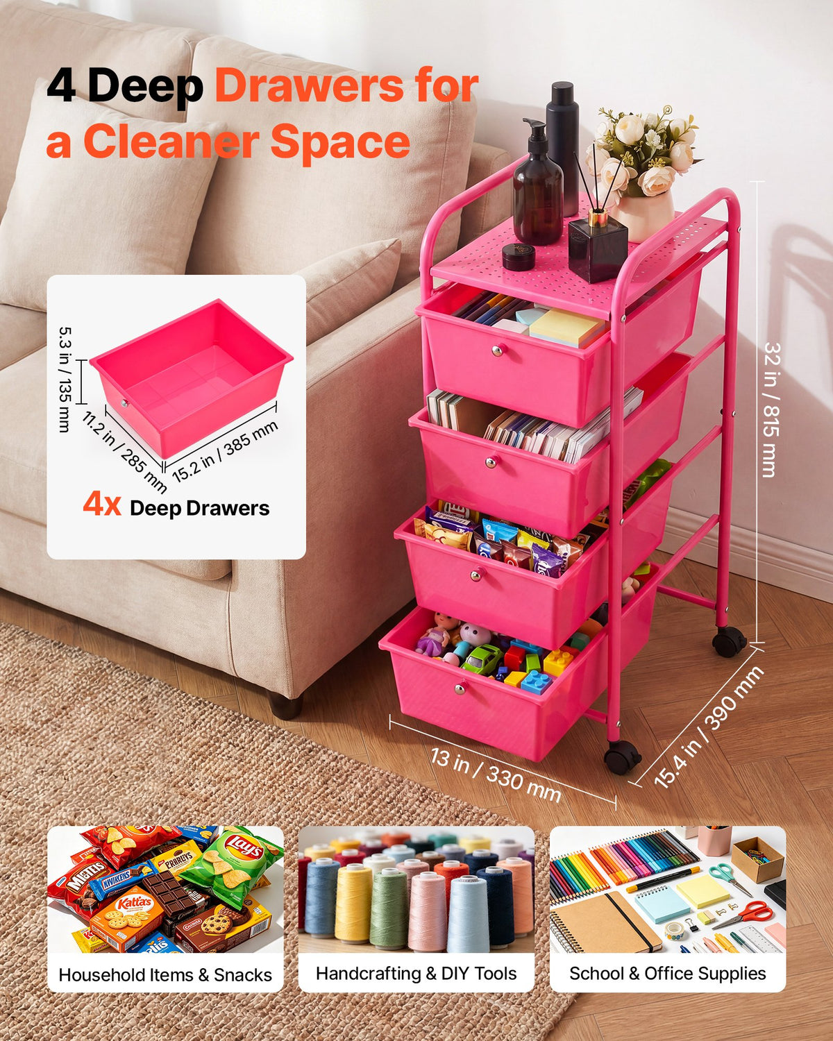 VEVOR Rolling Cart with Drawers, 4 Drawer Storage Organizer, Mobile Utility Cart with Steel Frame, Universal Casters & 2 Brakes, for Office, Classroom, Craft Tools, Garage, Cleaning Supplies, Rose Red - CTTCDPDPPT4CY8TN3001V0 - view 3