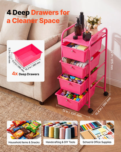 VEVOR Rolling Cart with Drawers, 4 Drawer Storage Organizer, Mobile Utility Cart with Steel Frame, Universal Casters & 2 Brakes, for Office, Classroom, Craft Tools, Garage, Cleaning Supplies, Rose Red - CTTCDPDPPT4CY8TN3001V0 - view 3