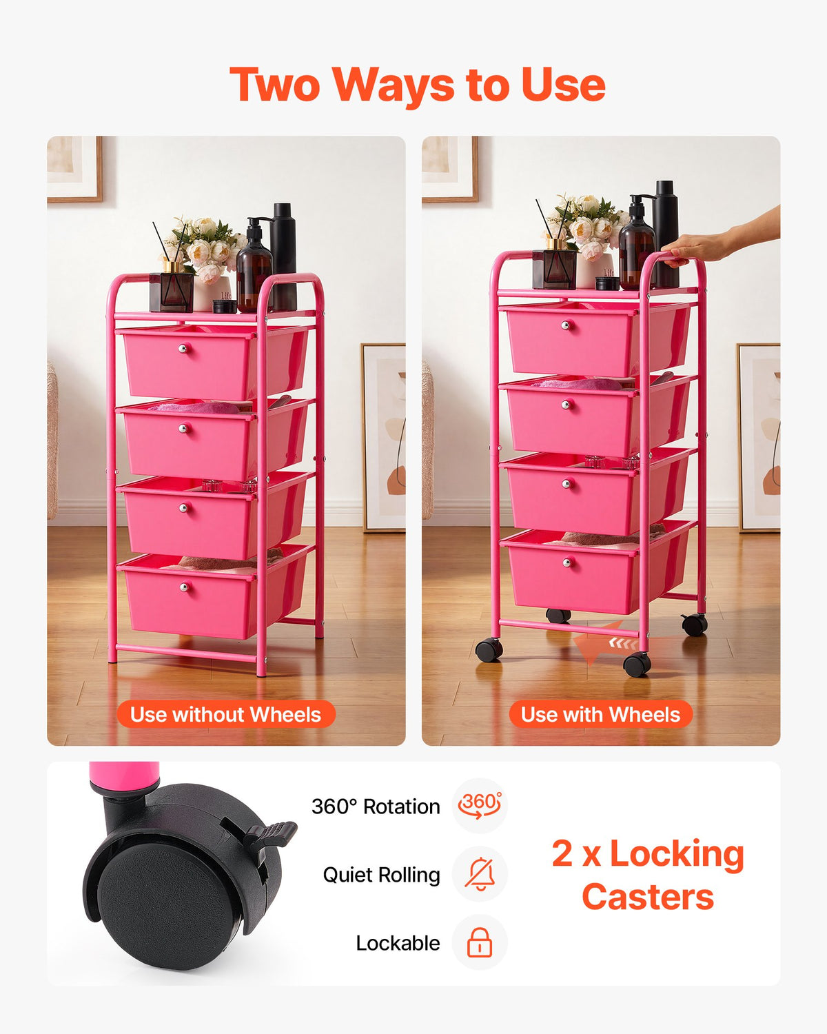 VEVOR Rolling Cart with Drawers, 4 Drawer Storage Organizer, Mobile Utility Cart with Steel Frame, Universal Casters & 2 Brakes, for Office, Classroom, Craft Tools, Garage, Cleaning Supplies, Rose Red - CTTCDPDPPT4CY8TN3001V0 - view 4