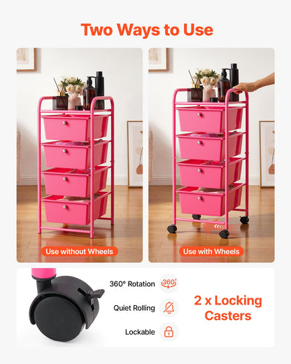 VEVOR Rolling Cart with Drawers, 4 Drawer Storage Organizer, Mobile Utility Cart with Steel Frame, Universal Casters & 2 Brakes, for Office, Classroom, Craft Tools, Garage, Cleaning Supplies, Rose Red - CTTCDPDPPT4CY8TN3001V0 - view 4