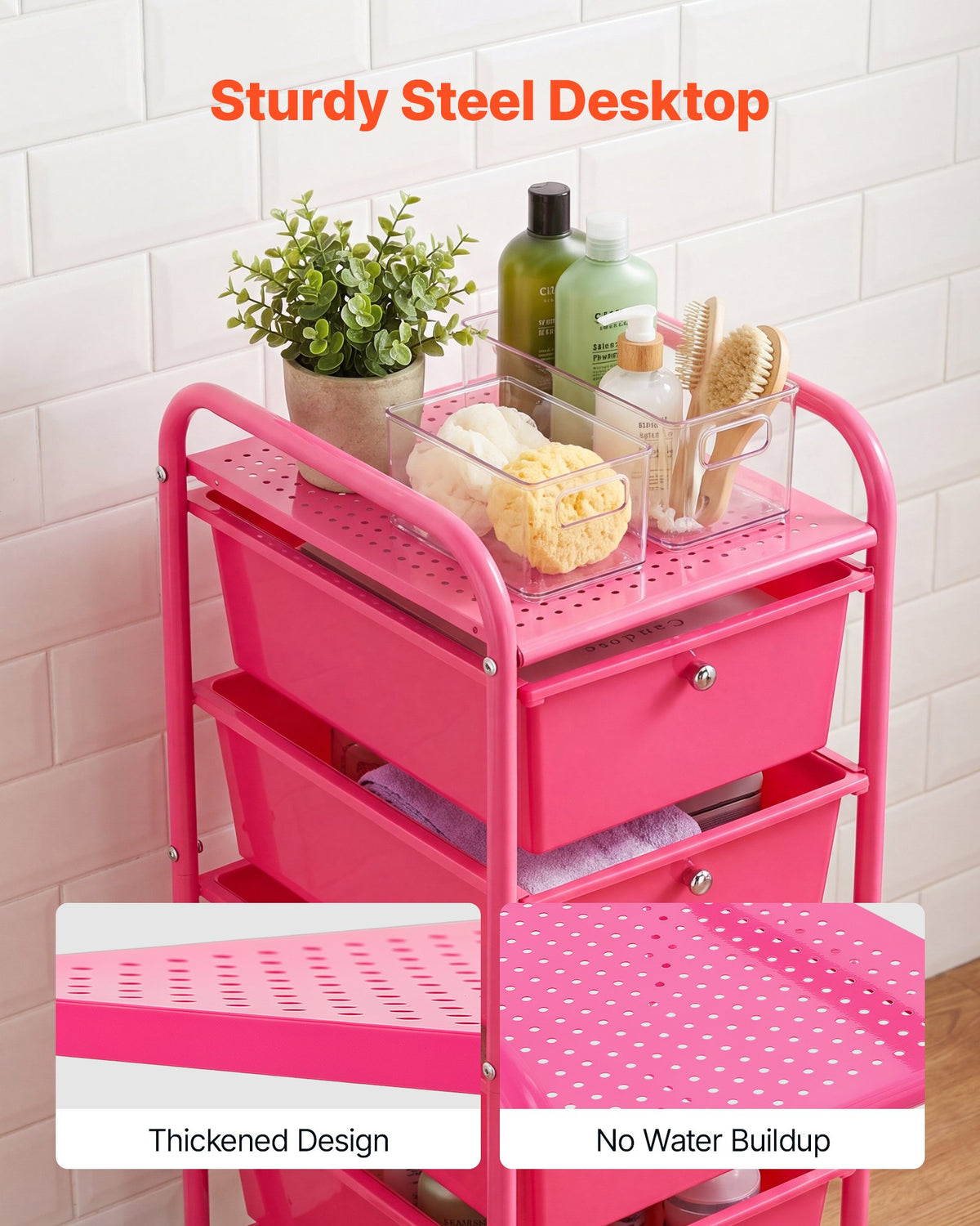 VEVOR Rolling Cart with Drawers, 4 Drawer Storage Organizer, Mobile Utility Cart with Steel Frame, Universal Casters & 2 Brakes, for Office, Classroom, Craft Tools, Garage, Cleaning Supplies, Rose Red - CTTCDPDPPT4CY8TN3001V0 - view 5
