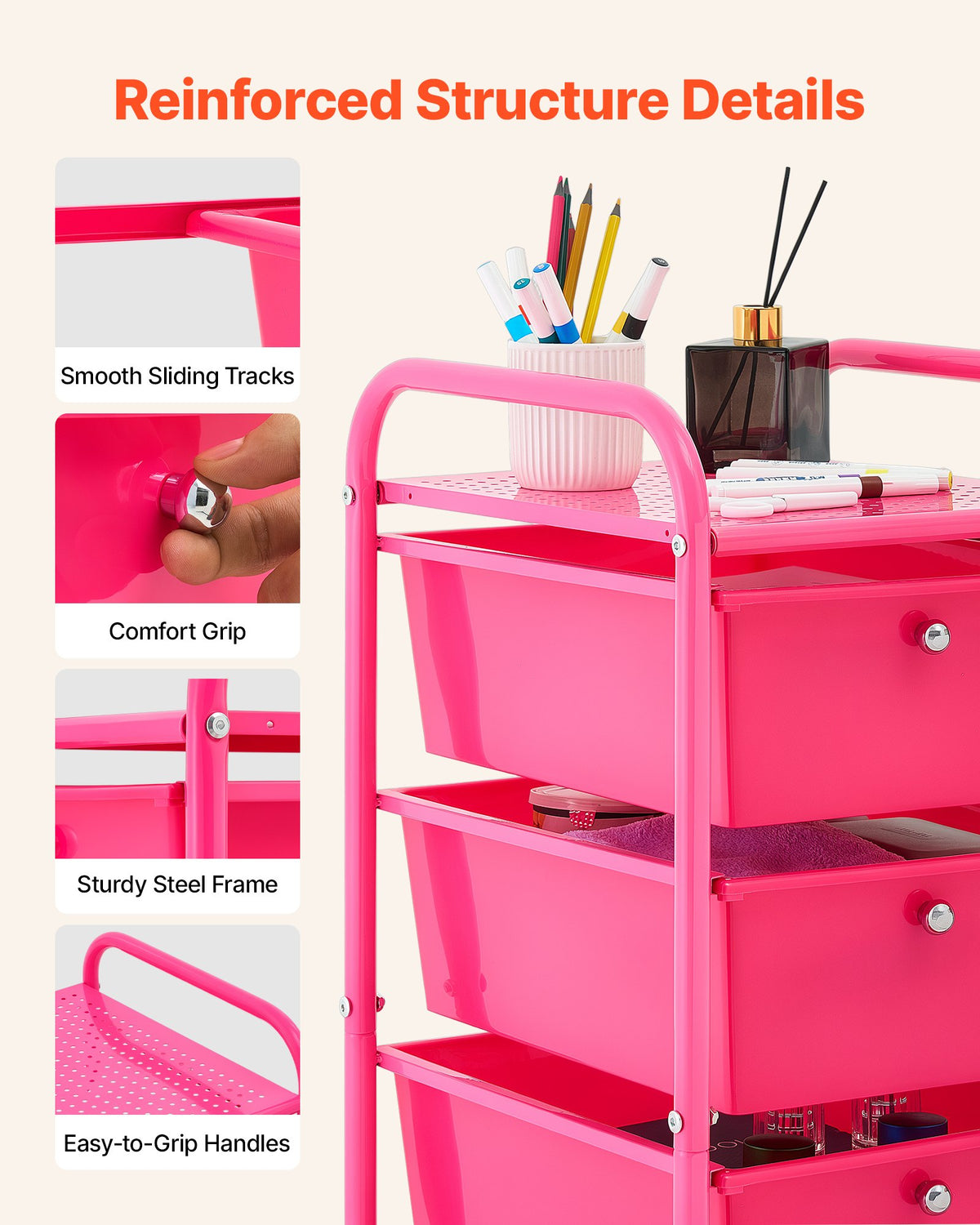 VEVOR Rolling Cart with Drawers, 4 Drawer Storage Organizer, Mobile Utility Cart with Steel Frame, Universal Casters & 2 Brakes, for Office, Classroom, Craft Tools, Garage, Cleaning Supplies, Rose Red - CTTCDPDPPT4CY8TN3001V0 - view 6