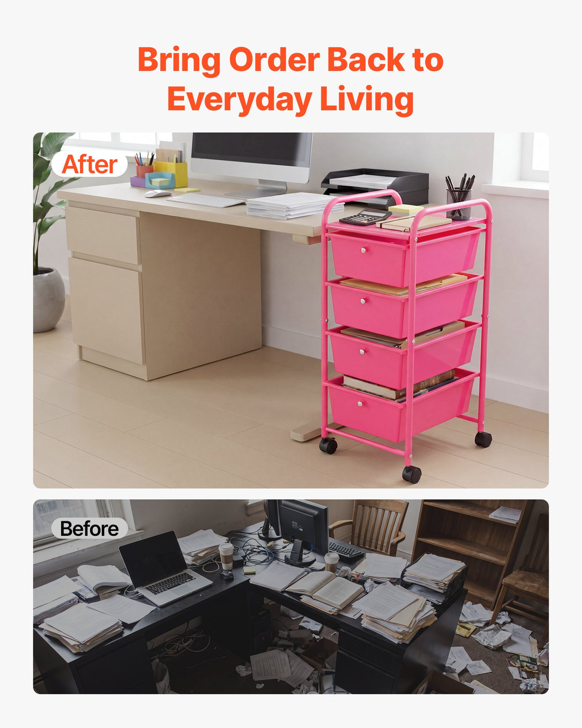 VEVOR Rolling Cart with Drawers, 4 Drawer Storage Organizer, Mobile Utility Cart with Steel Frame, Universal Casters & 2 Brakes, for Office, Classroom, Craft Tools, Garage, Cleaning Supplies, Rose Red - CTTCDPDPPT4CY8TN3001V0 - view 7