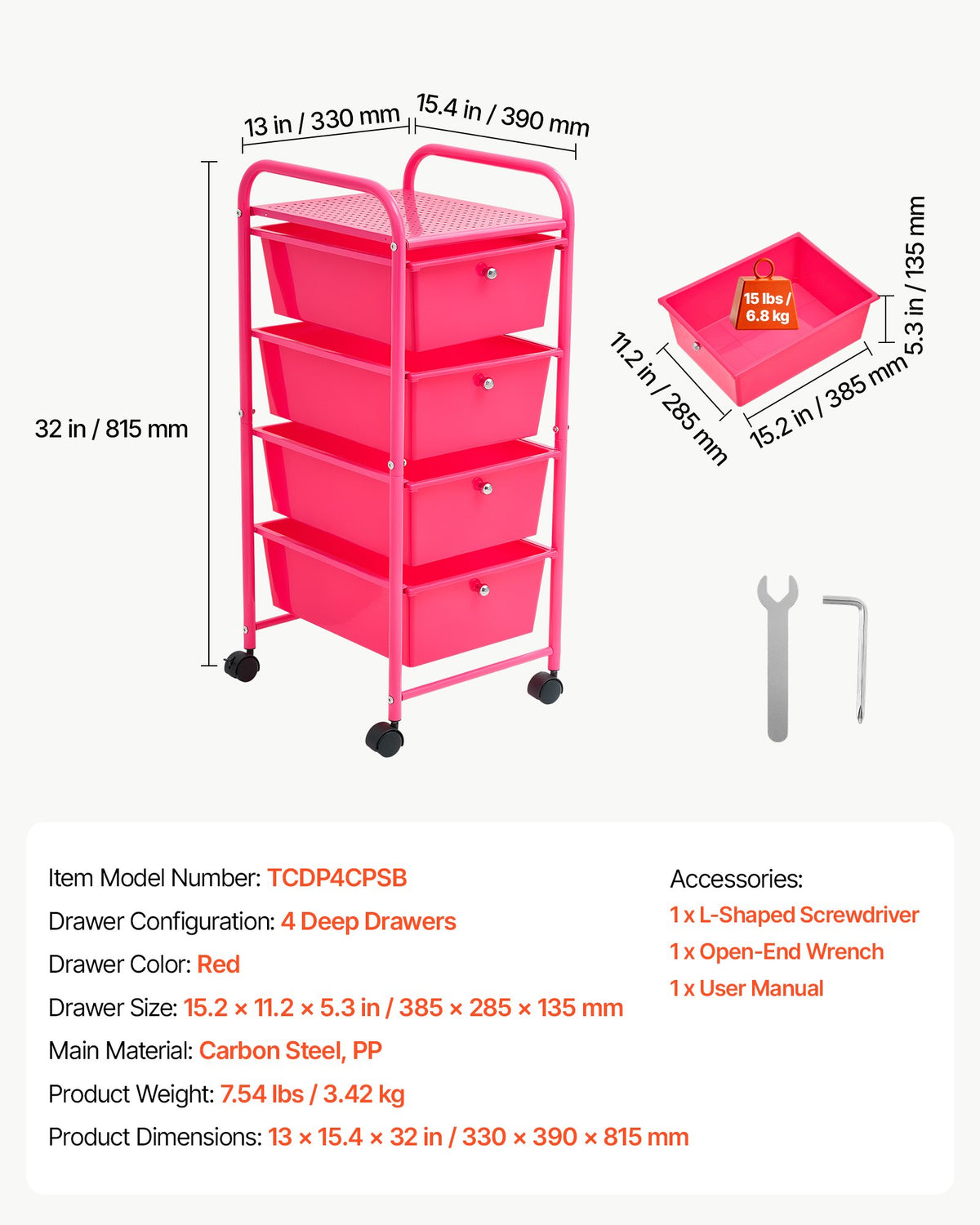 VEVOR Rolling Cart with Drawers, 4 Drawer Storage Organizer, Mobile Utility Cart with Steel Frame, Universal Casters & 2 Brakes, for Office, Classroom, Craft Tools, Garage, Cleaning Supplies, Rose Red - CTTCDPDPPT4CY8TN3001V0 - view 8