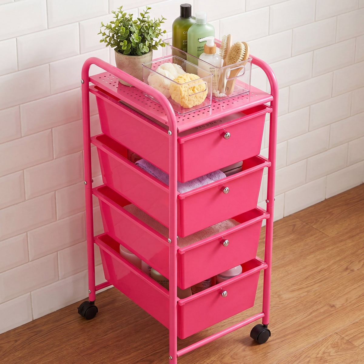 VEVOR Rolling Cart with Drawers, 4 Drawer Storage Organizer, Mobile Utility Cart with Steel Frame, Universal Casters & 2 Brakes, for Office, Classroom, Craft Tools, Garage, Cleaning Supplies, Rose Red - CTTCDPDPPT4CY8TN3001V0 - view 9