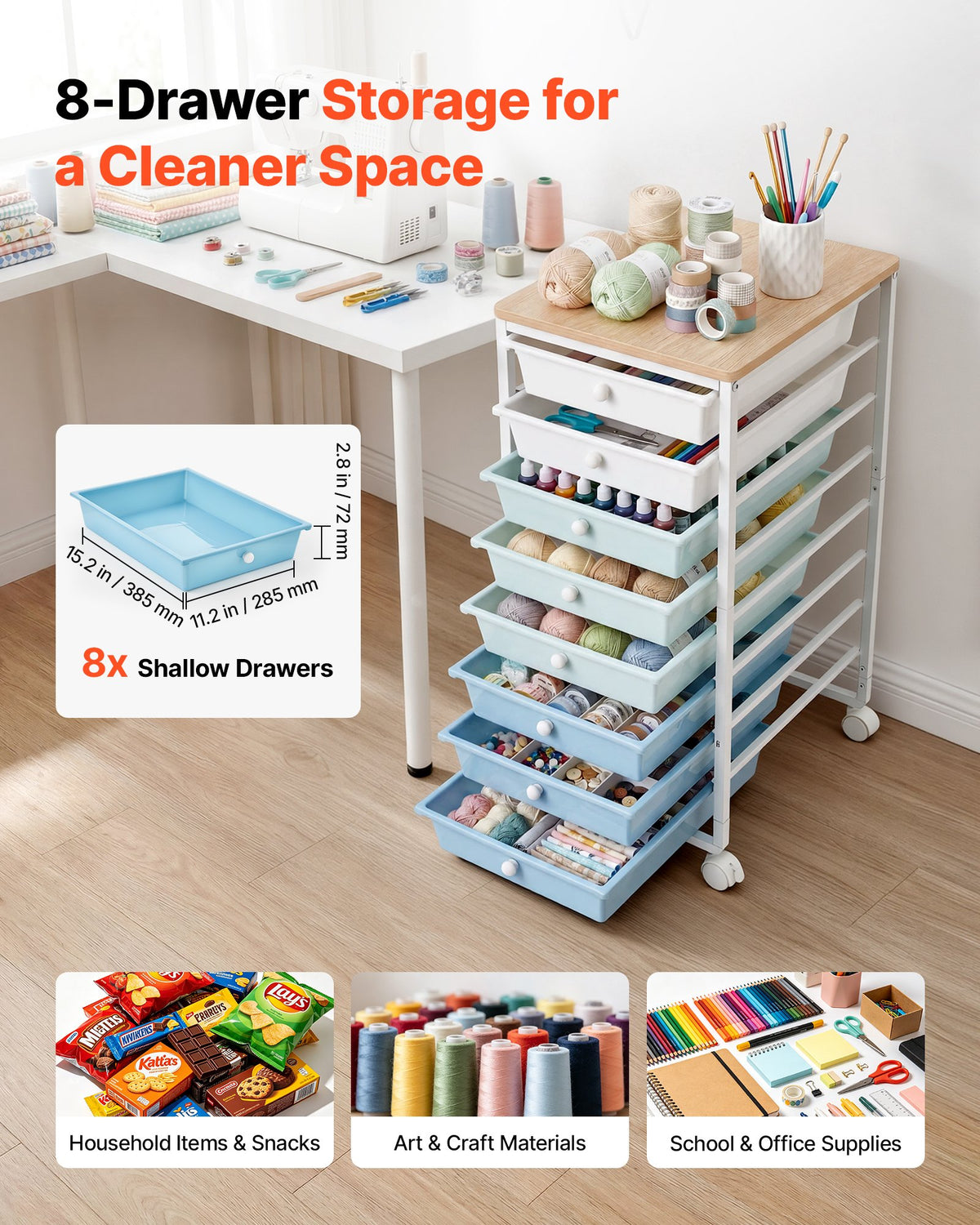 VEVOR Rolling Cart with Drawers, 8 Drawer Storage Organizer, Mobile Utility Cart with Wood Top, Steel Frame, Universal Casters & 2 Brakes, for Office, Classroom, Craft Supplies, Bedroom, Green Blue - CTTCDPDPPT8TTYHX4001V0 - view 3