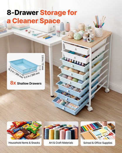VEVOR Rolling Cart with Drawers, 8 Drawer Storage Organizer, Mobile Utility Cart with Wood Top, Steel Frame, Universal Casters & 2 Brakes, for Office, Classroom, Craft Supplies, Bedroom, Green Blue - CTTCDPDPPT8TTYHX4001V0 - view 3