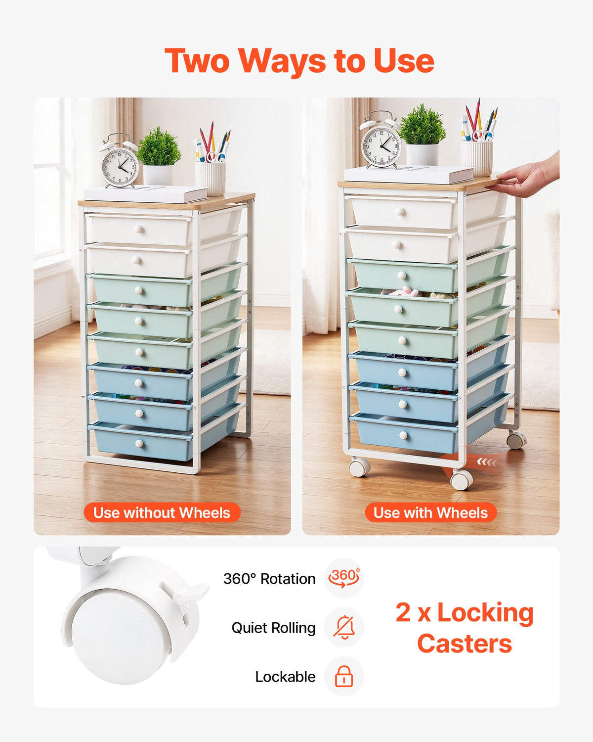 VEVOR Rolling Cart with Drawers, 8 Drawer Storage Organizer, Mobile Utility Cart with Wood Top, Steel Frame, Universal Casters & 2 Brakes, for Office, Classroom, Craft Supplies, Bedroom, Green Blue - CTTCDPDPPT8TTYHX4001V0 - view 4