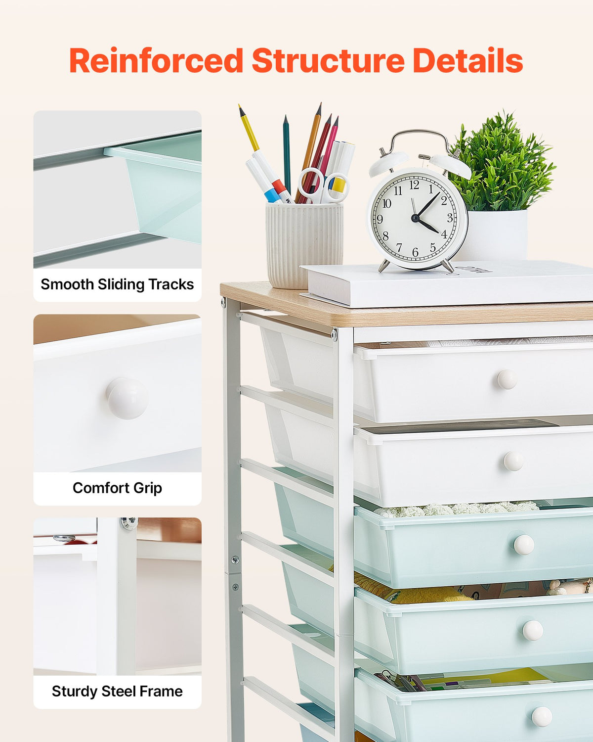 VEVOR Rolling Cart with Drawers, 8 Drawer Storage Organizer, Mobile Utility Cart with Wood Top, Steel Frame, Universal Casters & 2 Brakes, for Office, Classroom, Craft Supplies, Bedroom, Green Blue - CTTCDPDPPT8TTYHX4001V0 - view 6