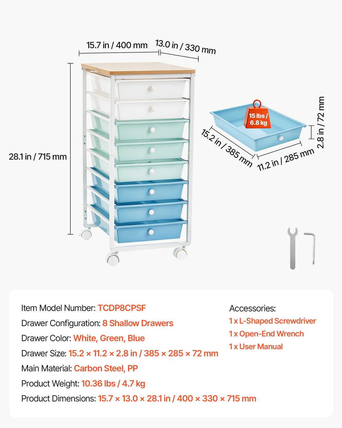 VEVOR Rolling Cart with Drawers, 8 Drawer Storage Organizer, Mobile Utility Cart with Wood Top, Steel Frame, Universal Casters & 2 Brakes, for Office, Classroom, Craft Supplies, Bedroom, Green Blue - CTTCDPDPPT8TTYHX4001V0 - view 8