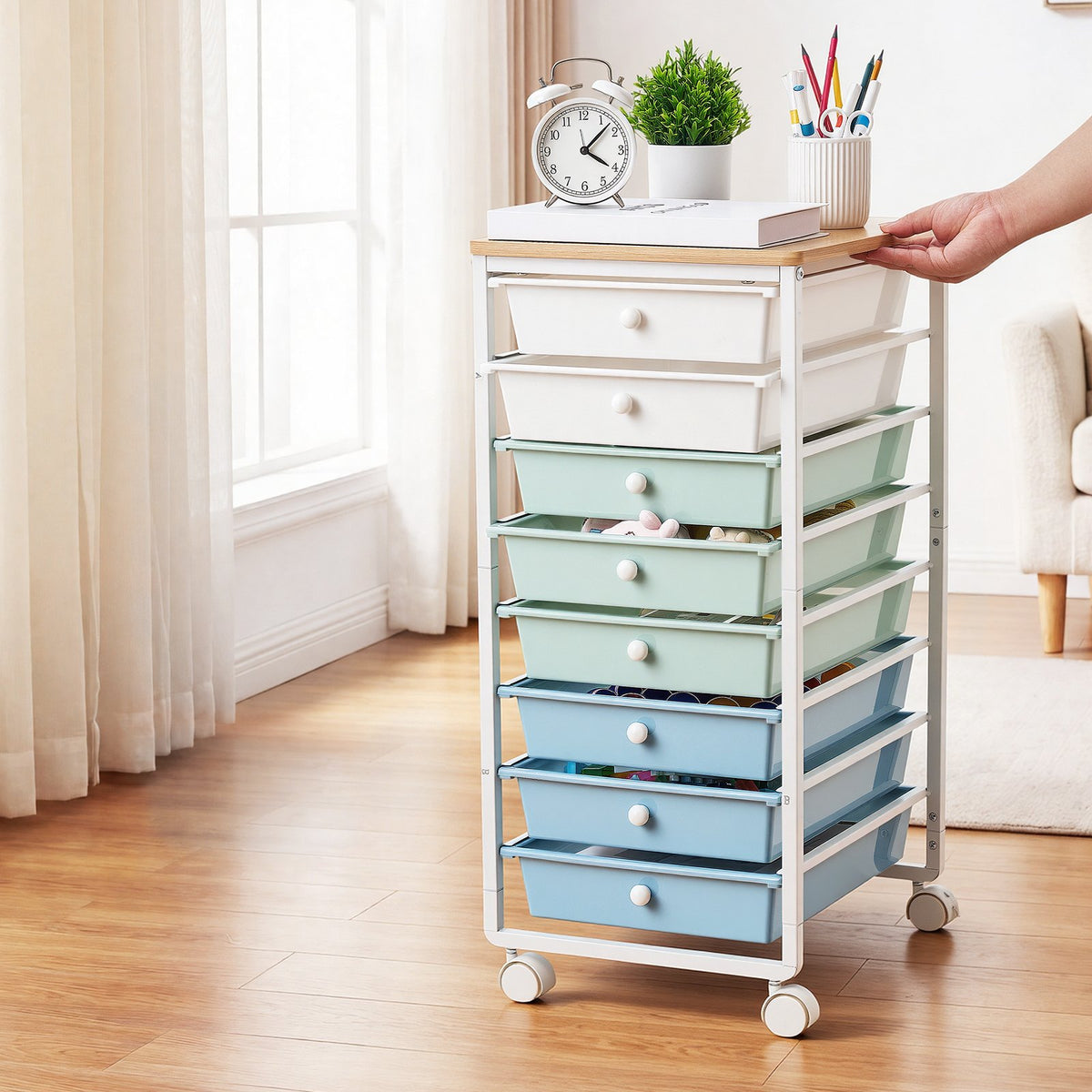 VEVOR Rolling Cart with Drawers, 8 Drawer Storage Organizer, Mobile Utility Cart with Wood Top, Steel Frame, Universal Casters & 2 Brakes, for Office, Classroom, Craft Supplies, Bedroom, Green Blue - CTTCDPDPPT8TTYHX4001V0 - view 9