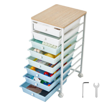 VEVOR Rolling Cart with Drawers, 8 Drawer Storage Organizer, Mobile Utility Cart with Wood Top, Steel Frame, Universal Casters & 2 Brakes, for Office, Classroom, Craft Supplies, Bedroom, Green Blue - CTTCDPDPPT8TTYHX4001V0 - view 10