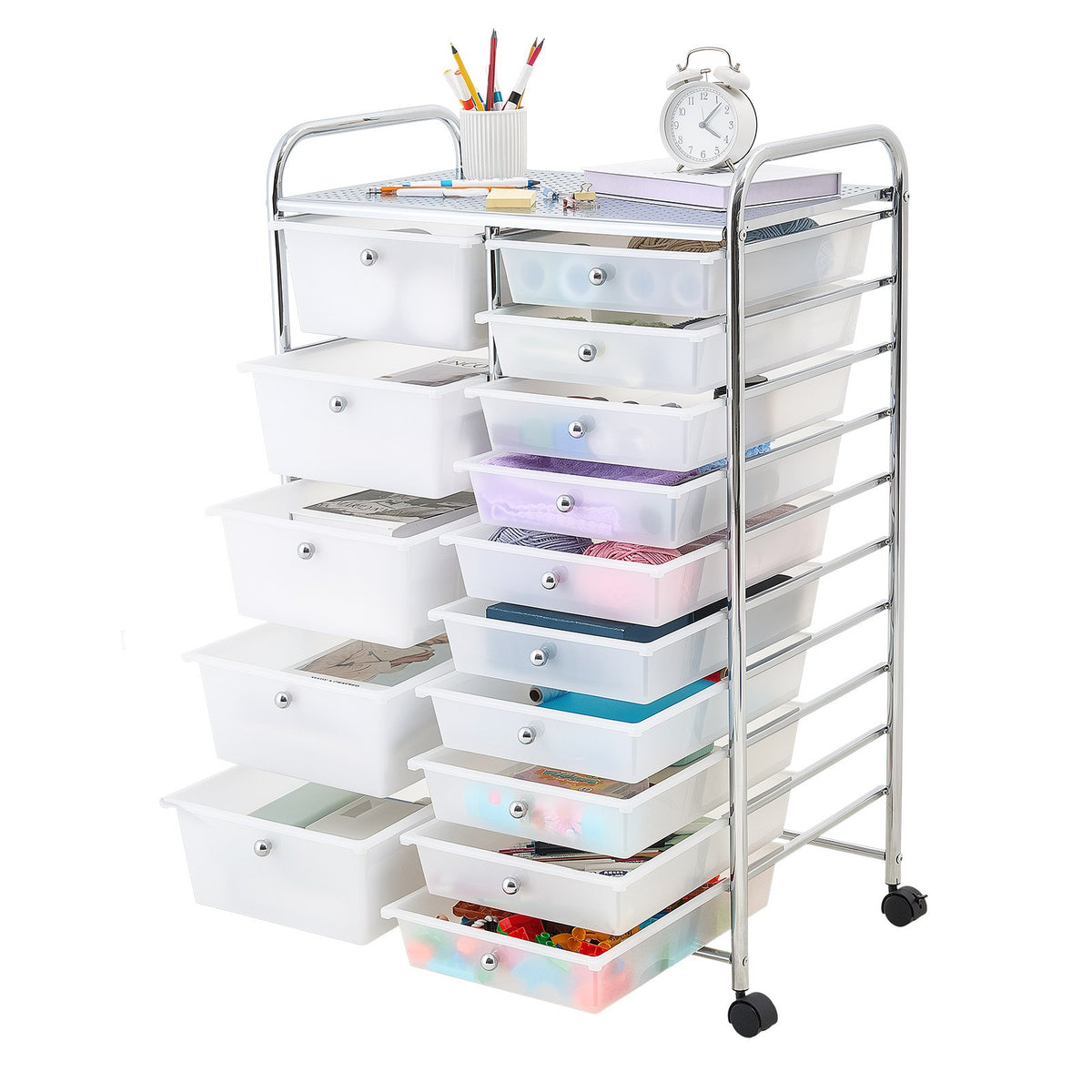 VEVOR Rolling Cart with Drawers, Double Row 15 Drawer Storage Organizer, Mobile Utility Cart with Chrome Steel Frame, Universal Casters & 2 Brakes, for Office, Classroom, Craft Room, Studio, Garage - CTTCSPSPBXG1FUYEK001V0 - view 1