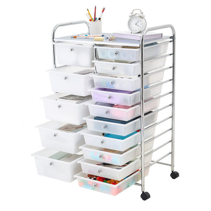 VEVOR Rolling Cart with Drawers, Double Row 15 Drawer Storage Organizer, Mobile Utility Cart with Chrome Steel Frame, Universal Casters & 2 Brakes, for Office, Classroom, Craft Room, Studio, Garage - CTTCSPSPBXG1FUYEK001V0 - view 1