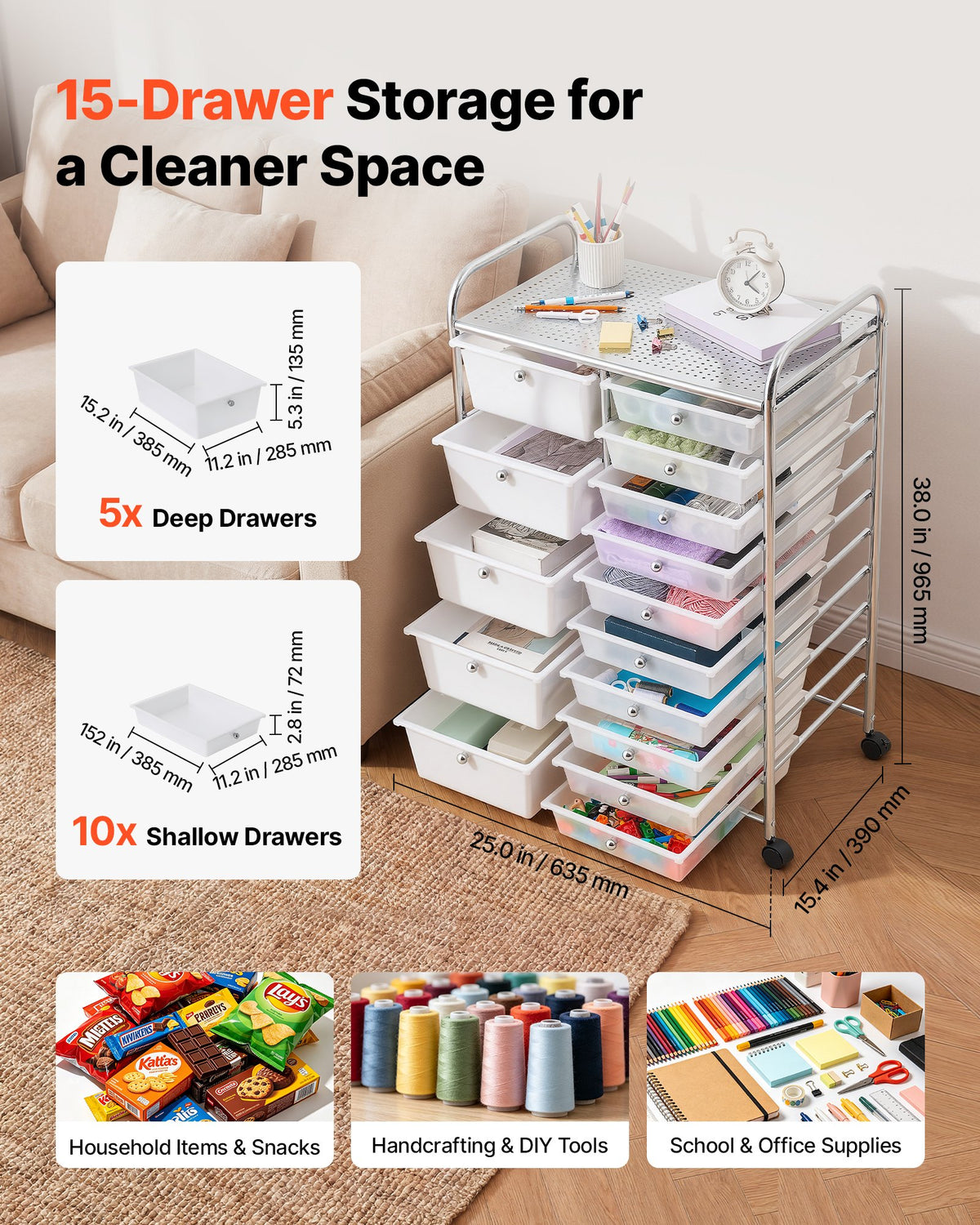 VEVOR Rolling Cart with Drawers, Double Row 15 Drawer Storage Organizer, Mobile Utility Cart with Chrome Steel Frame, Universal Casters & 2 Brakes, for Office, Classroom, Craft Room, Studio, Garage - CTTCSPSPBXG1FUYEK001V0 - view 3