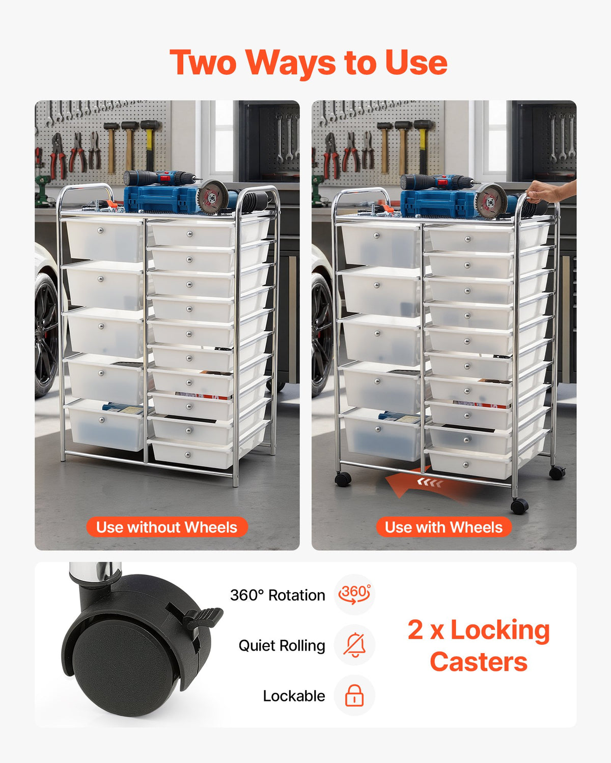 VEVOR Rolling Cart with Drawers, Double Row 15 Drawer Storage Organizer, Mobile Utility Cart with Chrome Steel Frame, Universal Casters & 2 Brakes, for Office, Classroom, Craft Room, Studio, Garage - CTTCSPSPBXG1FUYEK001V0 - view 4