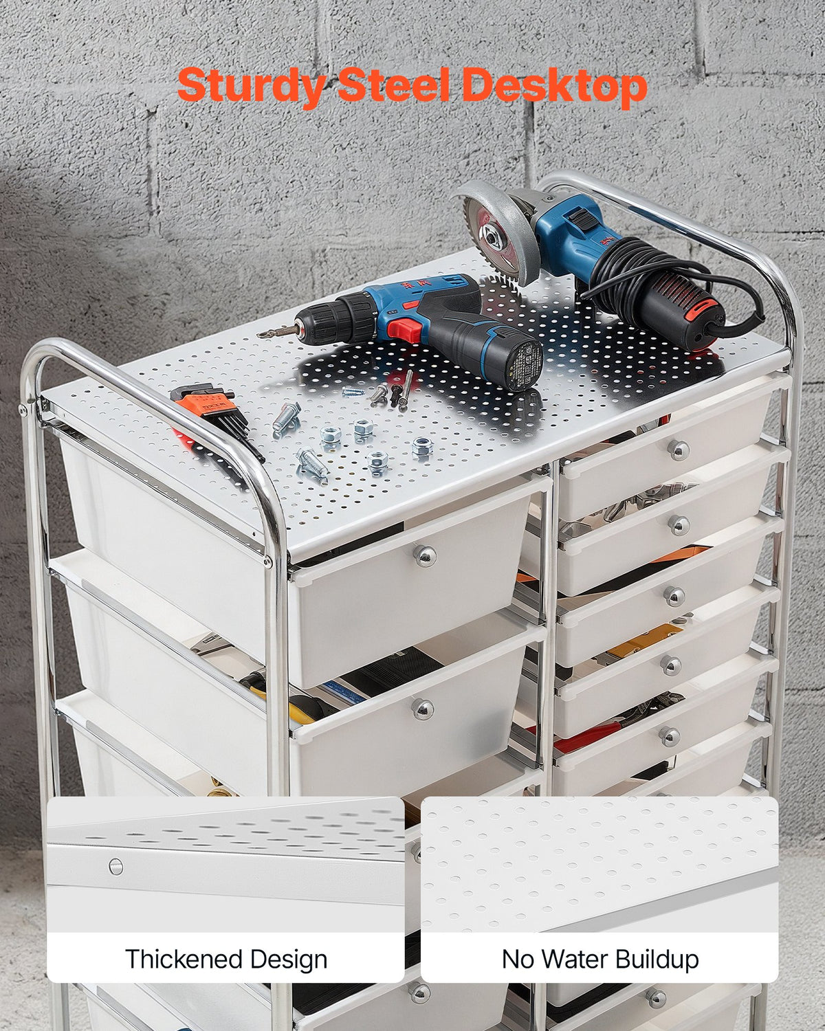 VEVOR Rolling Cart with Drawers, Double Row 15 Drawer Storage Organizer, Mobile Utility Cart with Chrome Steel Frame, Universal Casters & 2 Brakes, for Office, Classroom, Craft Room, Studio, Garage - CTTCSPSPBXG1FUYEK001V0 - view 5