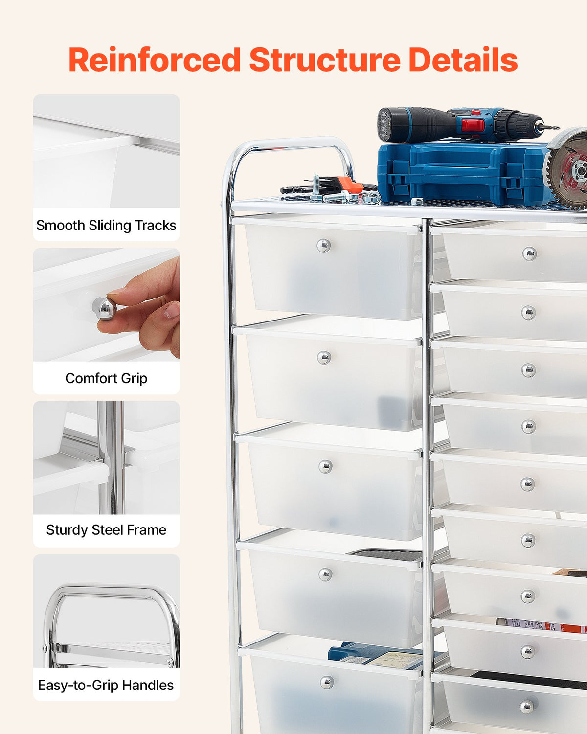 VEVOR Rolling Cart with Drawers, Double Row 15 Drawer Storage Organizer, Mobile Utility Cart with Chrome Steel Frame, Universal Casters & 2 Brakes, for Office, Classroom, Craft Room, Studio, Garage - CTTCSPSPBXG1FUYEK001V0 - view 6