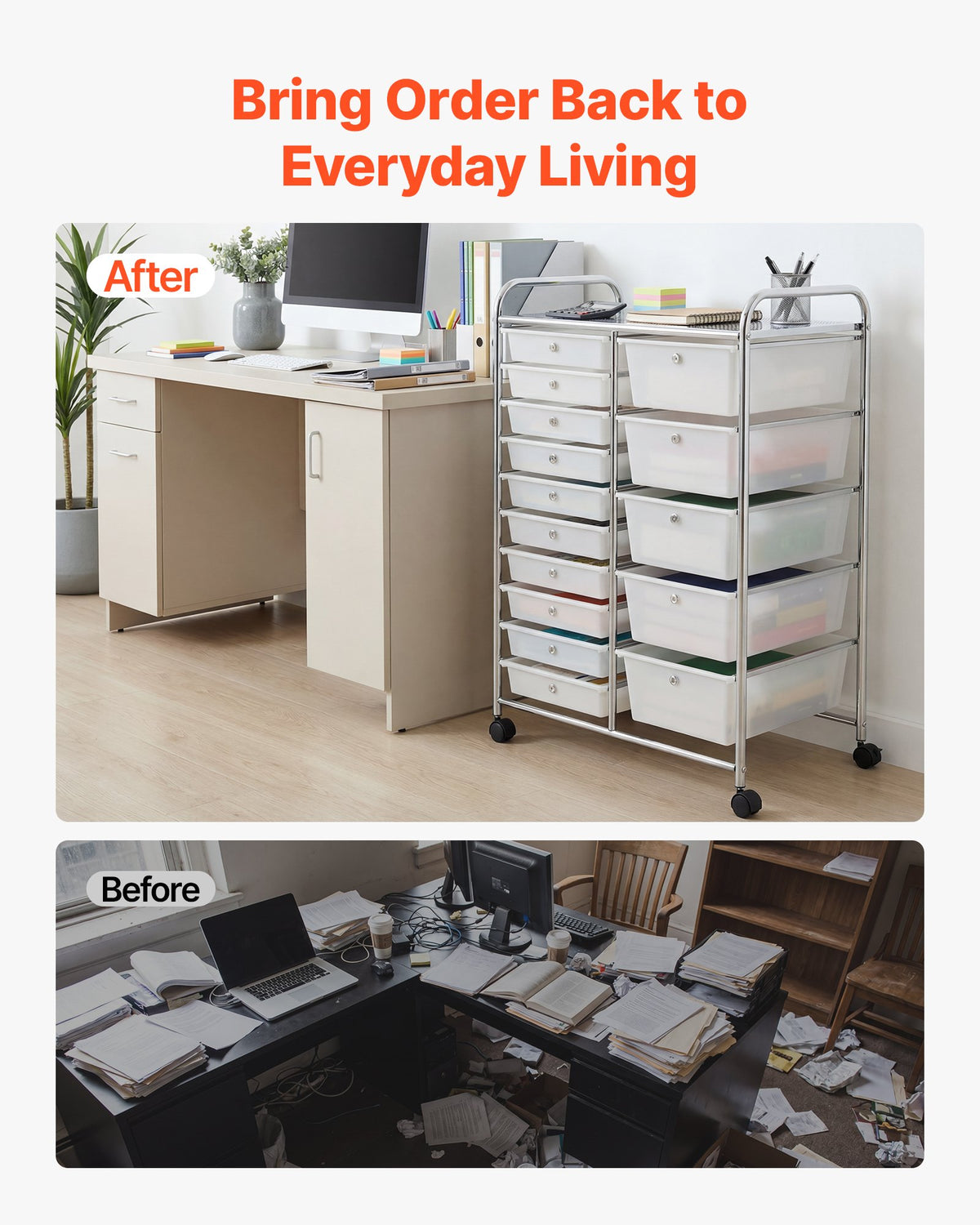 VEVOR Rolling Cart with Drawers, Double Row 15 Drawer Storage Organizer, Mobile Utility Cart with Chrome Steel Frame, Universal Casters & 2 Brakes, for Office, Classroom, Craft Room, Studio, Garage - CTTCSPSPBXG1FUYEK001V0 - view 7
