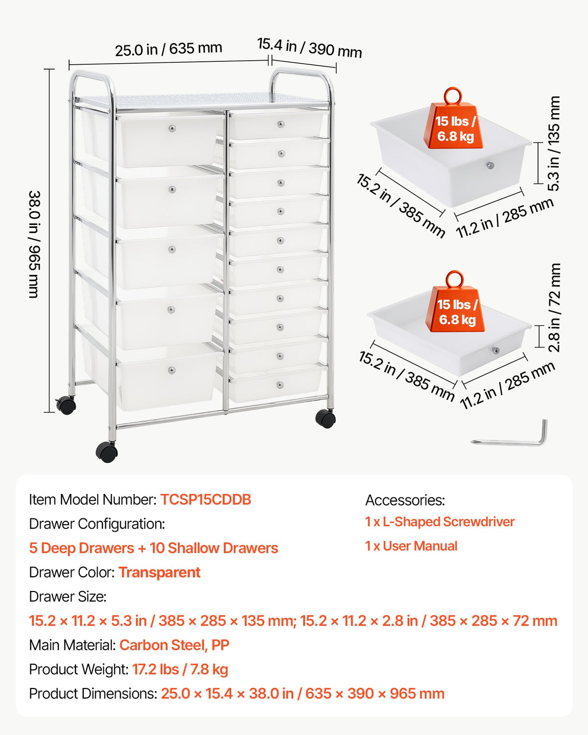 VEVOR Rolling Cart with Drawers, Double Row 15 Drawer Storage Organizer, Mobile Utility Cart with Chrome Steel Frame, Universal Casters & 2 Brakes, for Office, Classroom, Craft Room, Studio, Garage - CTTCSPSPBXG1FUYEK001V0 - view 8