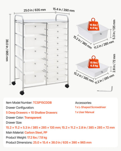 VEVOR Rolling Cart with Drawers, Double Row 15 Drawer Storage Organizer, Mobile Utility Cart with Chrome Steel Frame, Universal Casters & 2 Brakes, for Office, Classroom, Craft Room, Studio, Garage - CTTCSPSPBXG1FUYEK001V0 - view 8