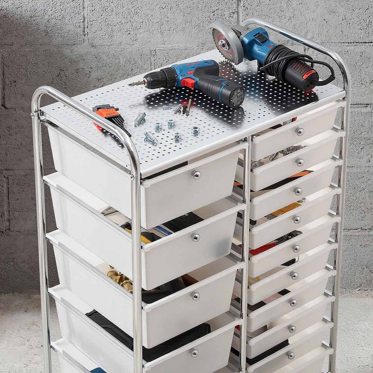 VEVOR Rolling Cart with Drawers, Double Row 15 Drawer Storage Organizer, Mobile Utility Cart with Chrome Steel Frame, Universal Casters & 2 Brakes, for Office, Classroom, Craft Room, Studio, Garage - CTTCSPSPBXG1FUYEK001V0 - view 9