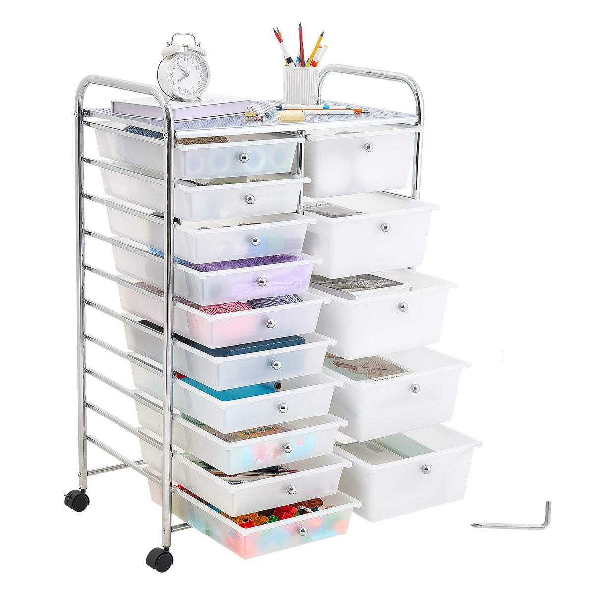 VEVOR Rolling Cart with Drawers, Double Row 15 Drawer Storage Organizer, Mobile Utility Cart with Chrome Steel Frame, Universal Casters & 2 Brakes, for Office, Classroom, Craft Room, Studio, Garage - CTTCSPSPBXG1FUYEK001V0 - view 10