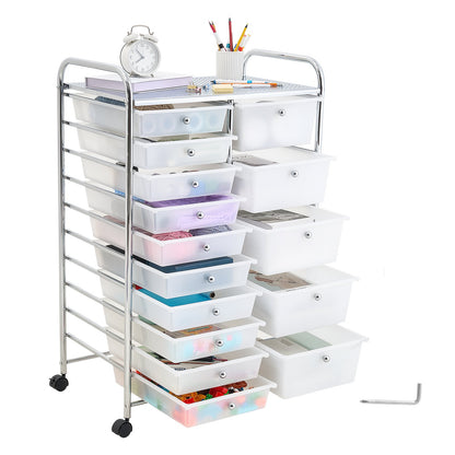 VEVOR Rolling Cart with Drawers, Double Row 15 Drawer Storage Organizer, Mobile Utility Cart with Chrome Steel Frame, Universal Casters & 2 Brakes, for Office, Classroom, Craft Room, Studio, Garage - CTTCSPSPBXG1FUYEK001V0 - view 10