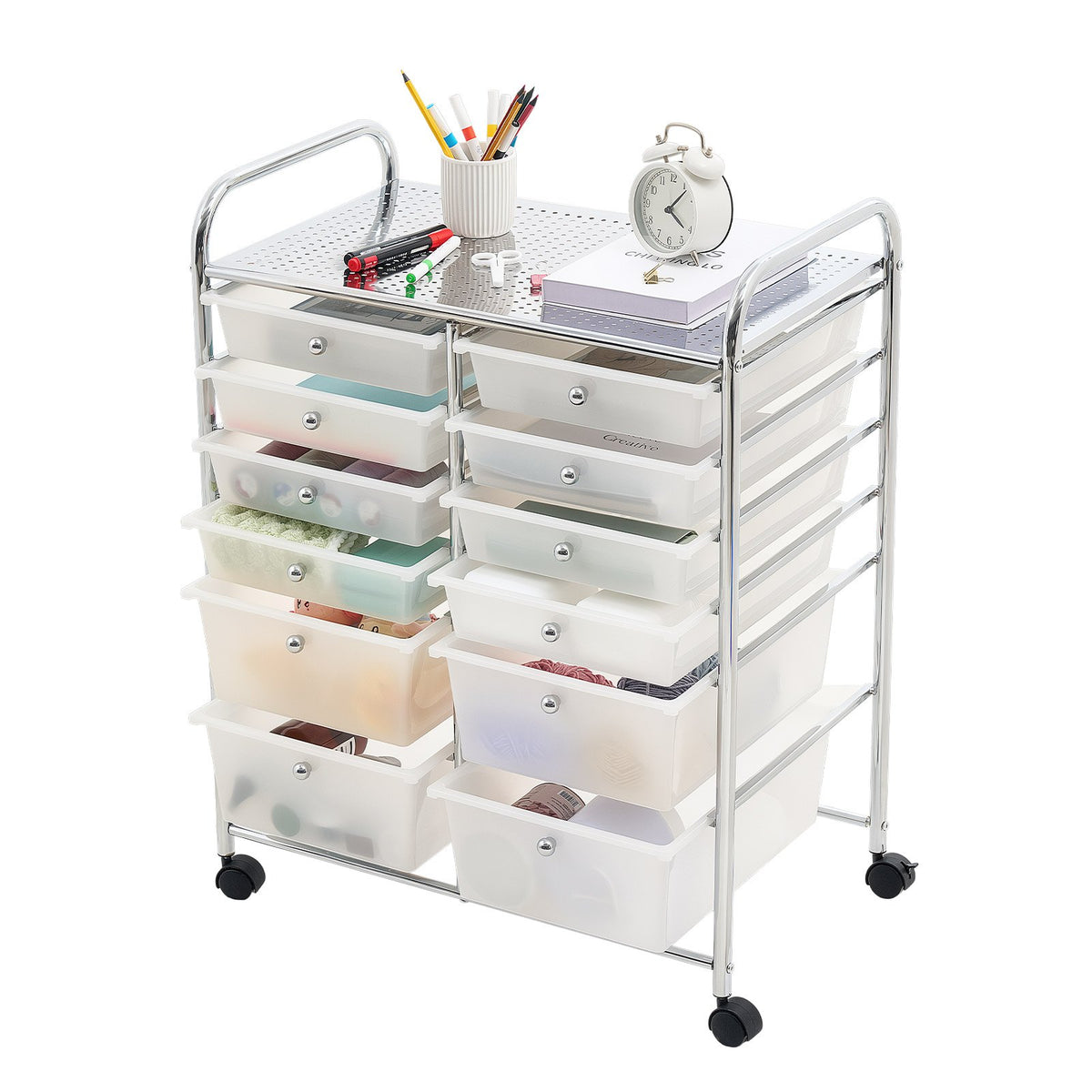 VEVOR Rolling Cart with Drawers, Double Row 12 Drawer Storage Organizer, Mobile Utility Cart with Chrome Steel Frame, Universal Casters & 2 Brakes, for Office, Classroom, Craft Room, Studio, Garage - CTTCSPSPBXG1H6L6X001V0 - view 1