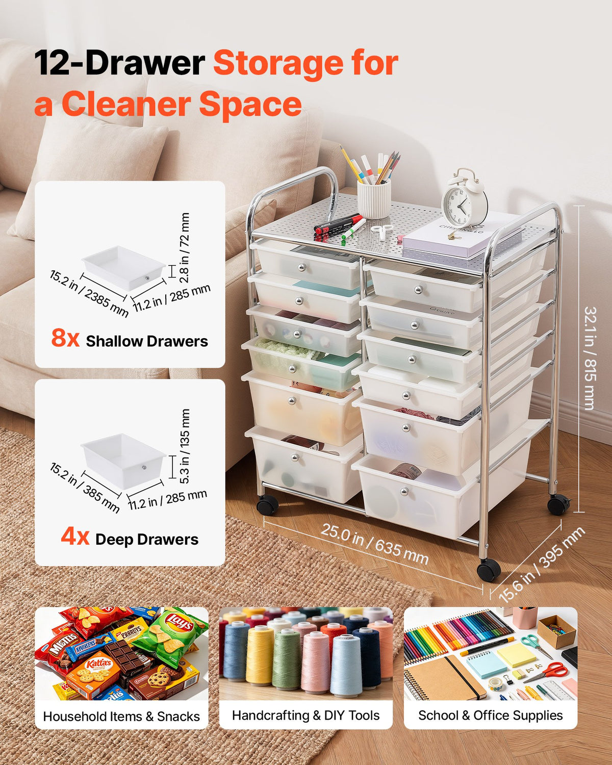 VEVOR Rolling Cart with Drawers, Double Row 12 Drawer Storage Organizer, Mobile Utility Cart with Chrome Steel Frame, Universal Casters & 2 Brakes, for Office, Classroom, Craft Room, Studio, Garage - CTTCSPSPBXG1H6L6X001V0 - view 3