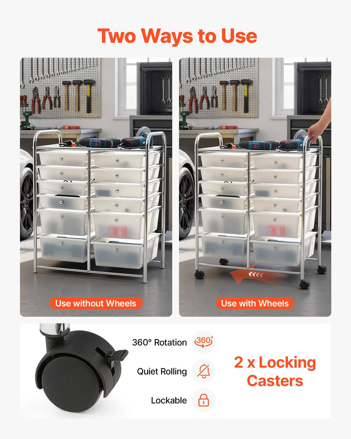 VEVOR Rolling Cart with Drawers, Double Row 12 Drawer Storage Organizer, Mobile Utility Cart with Chrome Steel Frame, Universal Casters & 2 Brakes, for Office, Classroom, Craft Room, Studio, Garage - CTTCSPSPBXG1H6L6X001V0 - view 4