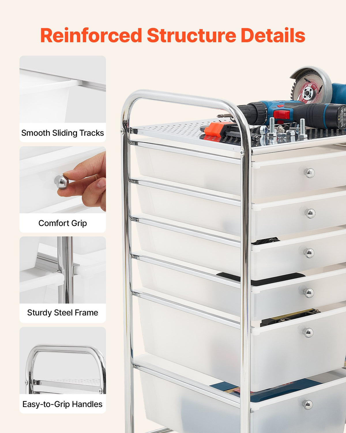 VEVOR Rolling Cart with Drawers, Double Row 12 Drawer Storage Organizer, Mobile Utility Cart with Chrome Steel Frame, Universal Casters & 2 Brakes, for Office, Classroom, Craft Room, Studio, Garage - CTTCSPSPBXG1H6L6X001V0 - view 6