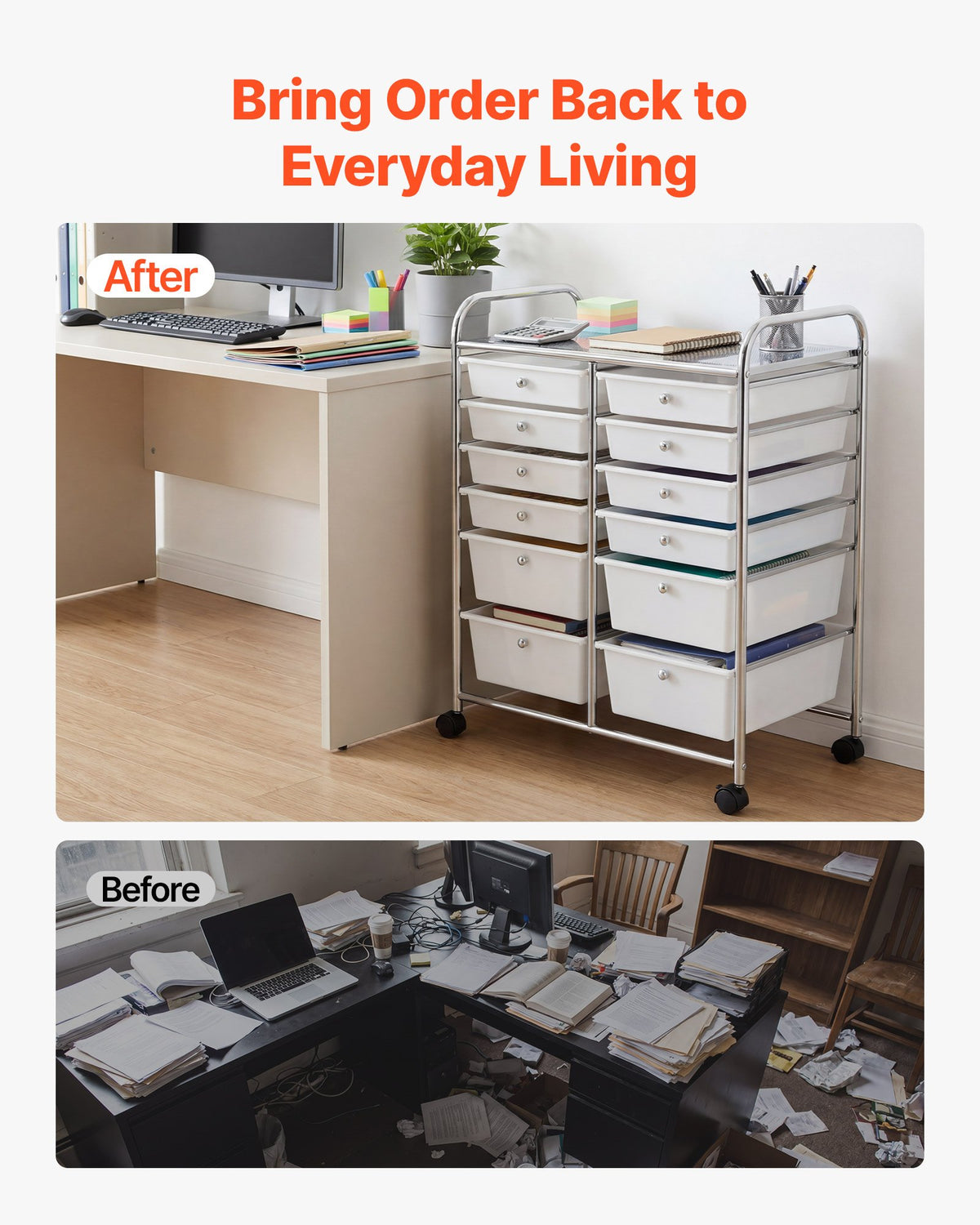 VEVOR Rolling Cart with Drawers, Double Row 12 Drawer Storage Organizer, Mobile Utility Cart with Chrome Steel Frame, Universal Casters & 2 Brakes, for Office, Classroom, Craft Room, Studio, Garage - CTTCSPSPBXG1H6L6X001V0 - view 7