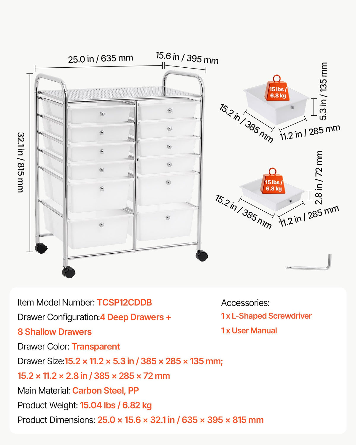 VEVOR Rolling Cart with Drawers, Double Row 12 Drawer Storage Organizer, Mobile Utility Cart with Chrome Steel Frame, Universal Casters & 2 Brakes, for Office, Classroom, Craft Room, Studio, Garage - CTTCSPSPBXG1H6L6X001V0 - view 8