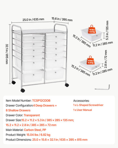 VEVOR Rolling Cart with Drawers, Double Row 12 Drawer Storage Organizer, Mobile Utility Cart with Chrome Steel Frame, Universal Casters & 2 Brakes, for Office, Classroom, Craft Room, Studio, Garage - CTTCSPSPBXG1H6L6X001V0 - view 8